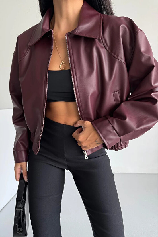 Kadın Bomber Beli Lastikli Deri Ceket