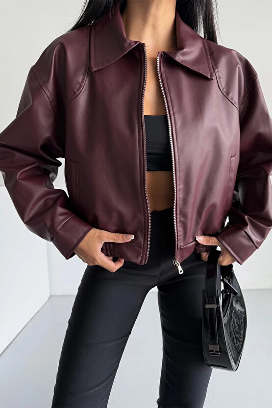 Kadın Bomber Beli Lastikli Deri Ceket