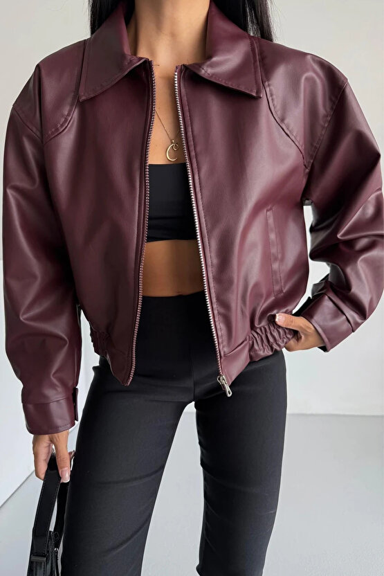 Kadın Bomber Beli Lastikli Deri Ceket