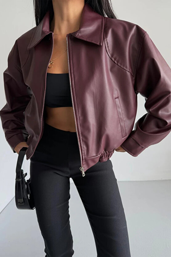 Kadın Bomber Beli Lastikli Deri Ceket