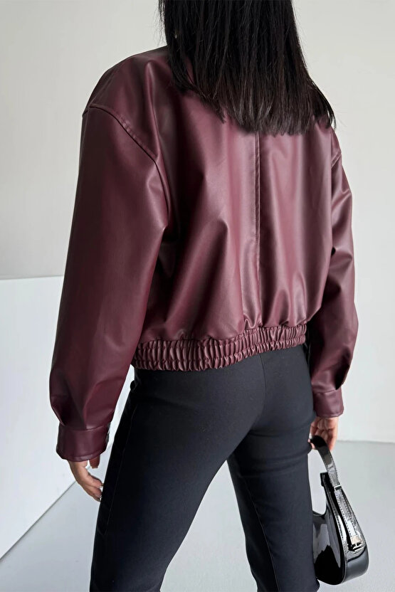 Kadın Bomber Beli Lastikli Deri Ceket