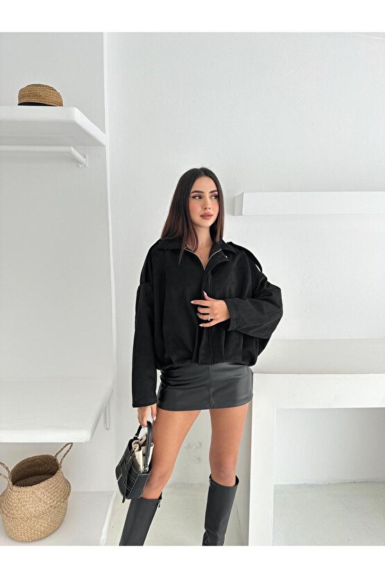 Oversize Apolet Detaylı Süet Kumaş Ceket