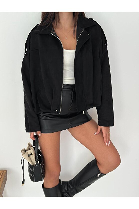 Oversize Apolet Detaylı Süet Kumaş Ceket