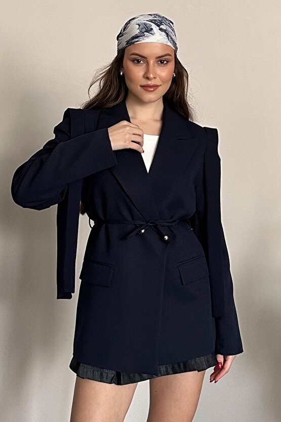 Kadın Kuşaklı Omuz Detaylı Blazer Ceket - Casual Modern Tasarım
