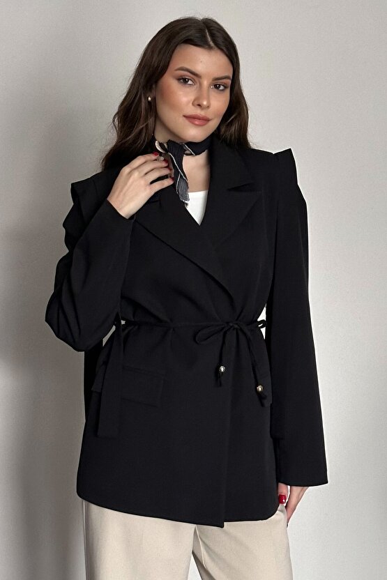 Kadın Kuşaklı Omuz Detaylı Blazer Ceket - Casual Modern Tasarım