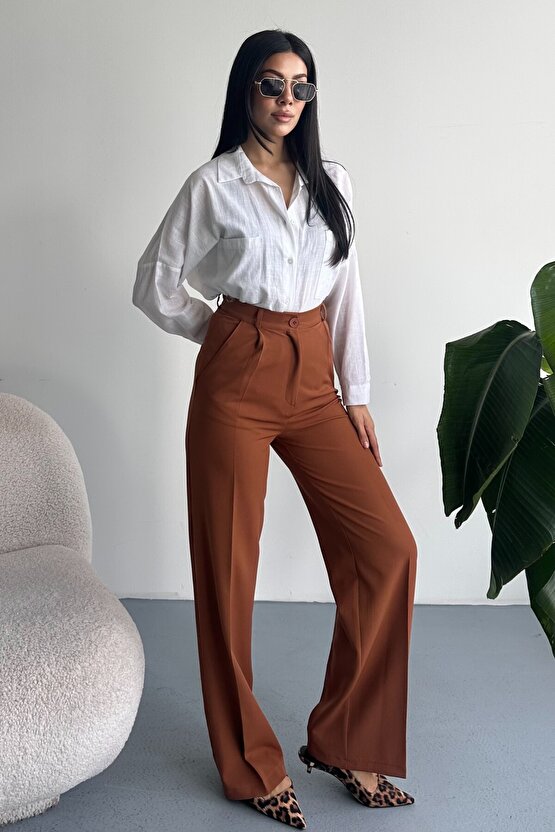 Kadın Palazzo Pantolon Oversize Orjinal Kesim - Yüksek Bel Geniş Paça Ofis ve Günlük Şık