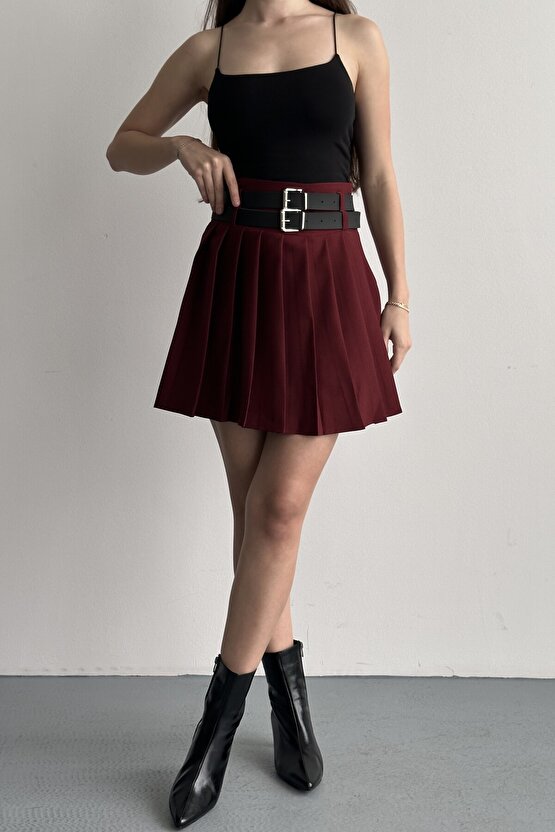 Kadın Çift Kemerli Şortlu Pileli Mini Etek - Yüksek Bel İç Göstermez Günlük Şık Kombin Eteği