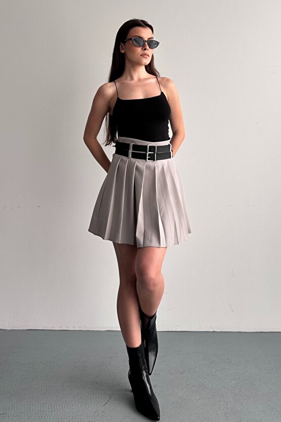 Kadın Çift Kemerli Şortlu Pileli Mini Etek - Yüksek Bel İç Göstermez Günlük Şık Kombin Eteği