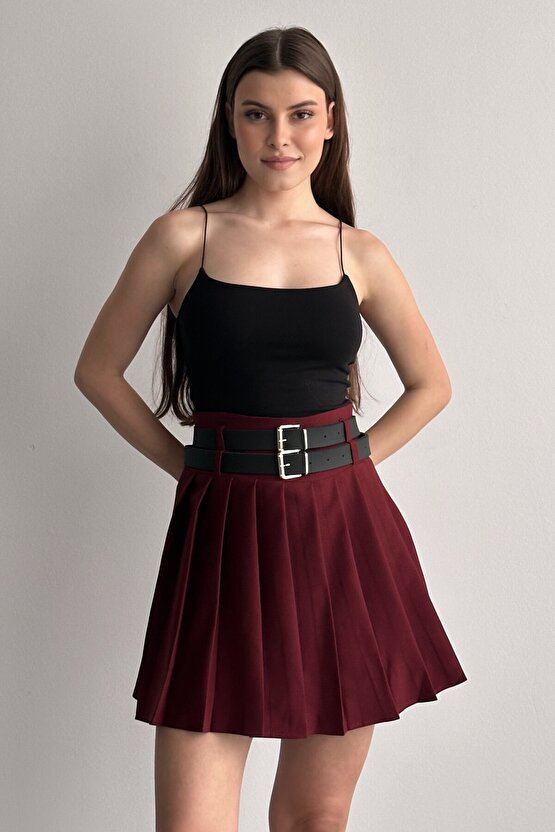 Kadın Çift Kemerli Şortlu Pileli Mini Etek - Yüksek Bel İç Göstermez Günlük Şık Kombin Eteği