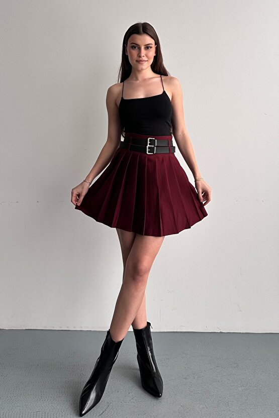 Kadın Çift Kemerli Şortlu Pileli Mini Etek - Yüksek Bel İç Göstermez Günlük Şık Kombin Eteği