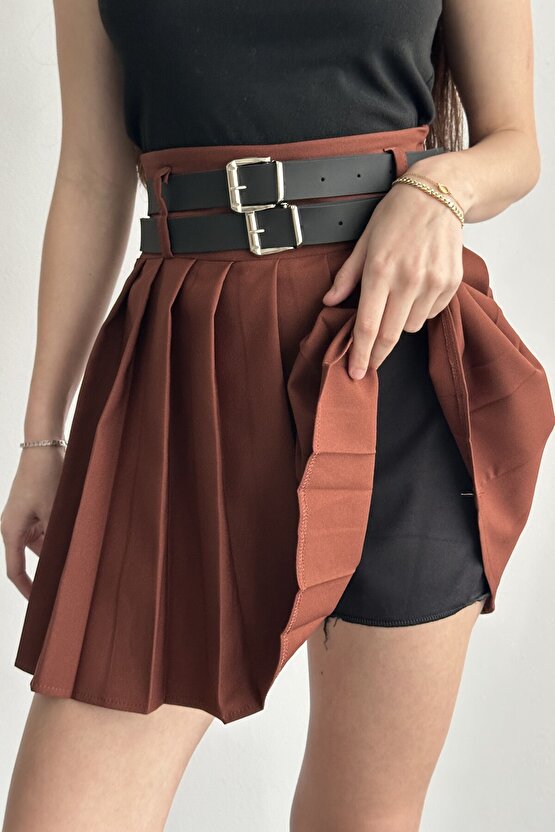 Kadın Çift Kemerli Şortlu Pileli Mini Etek - Yüksek Bel İç Göstermez Günlük Şık Kombin Eteği