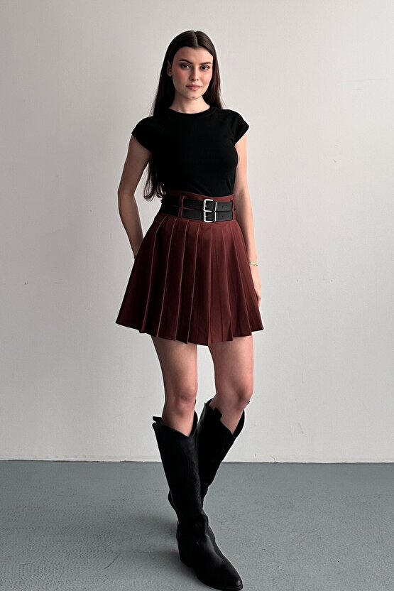 Kadın Çift Kemerli Şortlu Pileli Mini Etek - Yüksek Bel İç Göstermez Günlük Şık Kombin Eteği