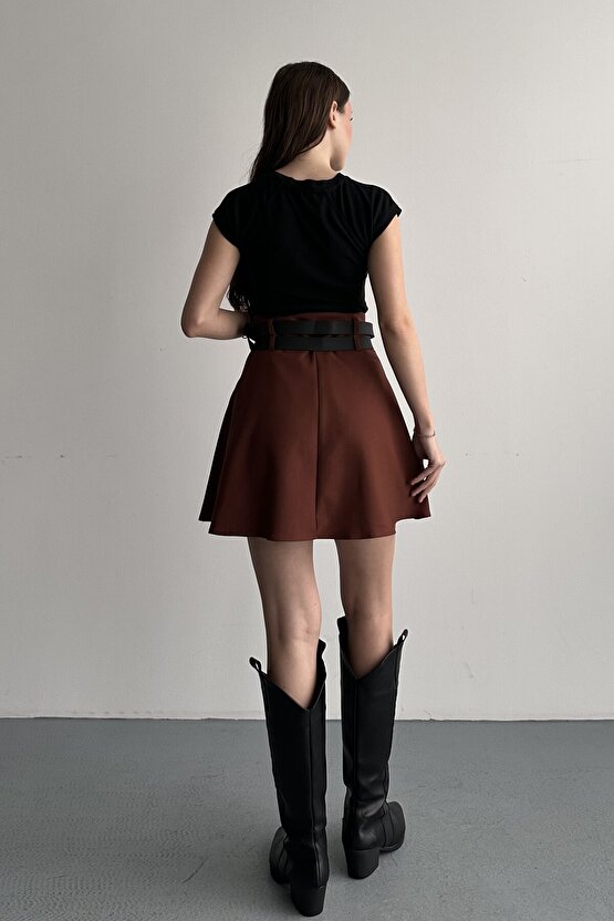 Kadın Çift Kemerli Şortlu Pileli Mini Etek - Yüksek Bel İç Göstermez Günlük Şık Kombin Eteği