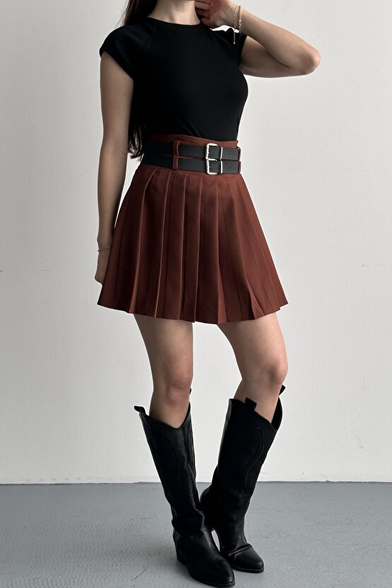 Kadın Çift Kemerli Şortlu Pileli Mini Etek - Yüksek Bel İç Göstermez Günlük Şık Kombin Eteği