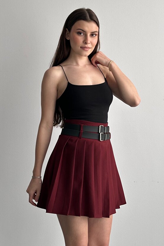 Kadın Çift Kemerli Şortlu Pileli Mini Etek - Yüksek Bel İç Göstermez Günlük Şık Kombin Eteği