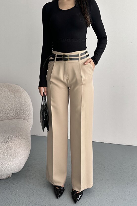 Kadın Palazzo Pantolon Kemerli | Yüksek Bel Bol Paça Günlük Çift Kemerli Tasarım
