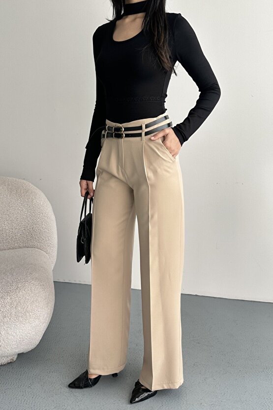 Kadın Palazzo Pantolon Kemerli | Yüksek Bel Bol Paça Günlük Çift Kemerli Tasarım