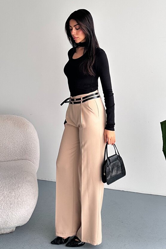 Kadın Palazzo Pantolon Kemerli | Yüksek Bel Bol Paça Günlük Çift Kemerli Tasarım
