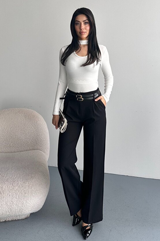 Kadın Palazzo Pantolon Kemerli | Yüksek Bel Bol Paça Günlük Çift Kemerli Tasarım