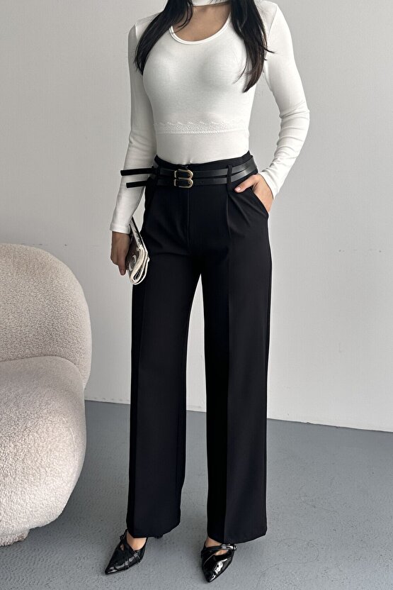 Kadın Palazzo Pantolon Kemerli | Yüksek Bel Bol Paça Günlük Çift Kemerli Tasarım