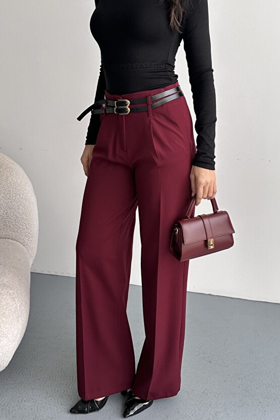 Kadın Palazzo Pantolon Kemerli | Yüksek Bel Bol Paça Günlük Çift Kemerli Tasarım