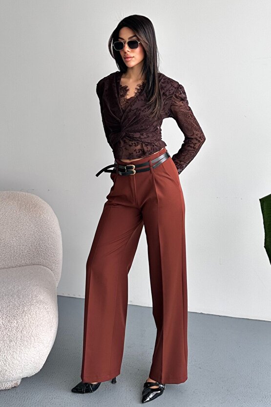 Kadın Palazzo Pantolon Kemerli | Yüksek Bel Bol Paça Günlük Çift Kemerli Tasarım