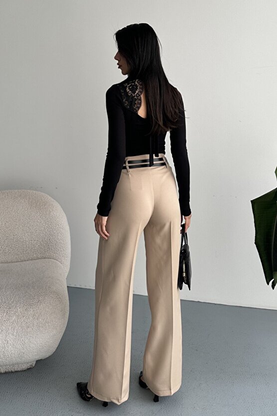 Kadın Palazzo Pantolon Kemerli | Yüksek Bel Bol Paça Günlük Çift Kemerli Tasarım