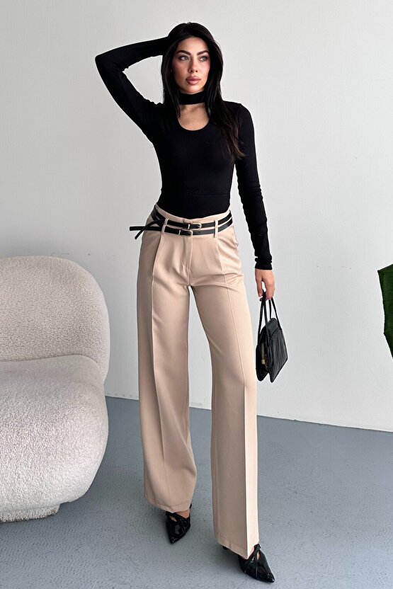Kadın Palazzo Pantolon Kemerli | Yüksek Bel Bol Paça Günlük Çift Kemerli Tasarım