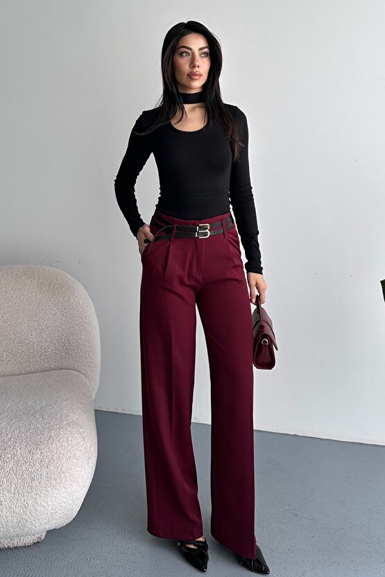 Kadın Palazzo Pantolon Kemerli | Yüksek Bel Bol Paça Günlük Çift Kemerli Tasarım