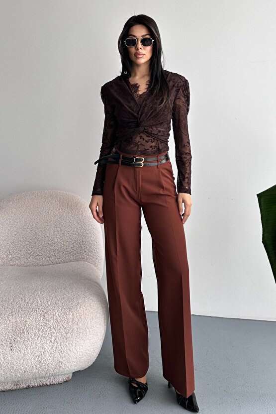 Kadın Palazzo Pantolon Kemerli | Yüksek Bel Bol Paça Günlük Çift Kemerli Tasarım