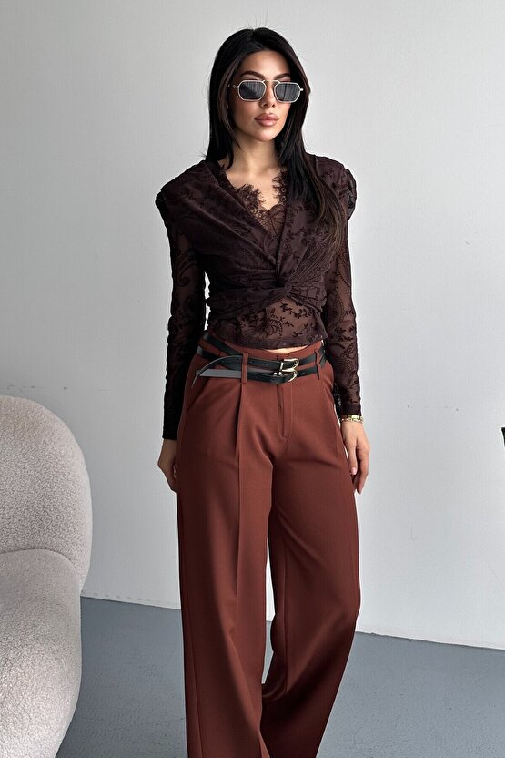 Kadın Palazzo Pantolon Kemerli | Yüksek Bel Bol Paça Günlük Çift Kemerli Tasarım