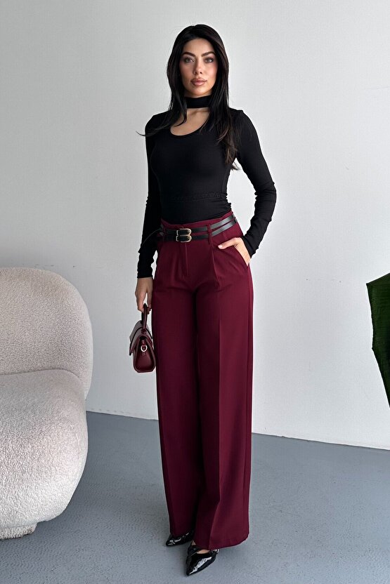 Kadın Palazzo Pantolon Kemerli | Yüksek Bel Bol Paça Günlük Çift Kemerli Tasarım