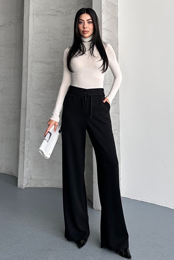 Kadın Yüksek Bel Bağcıklı Bol Paça Palazzo Pantolon – Rahat Kesim Günlük & Şık