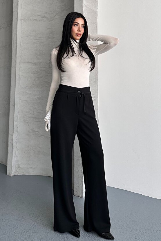 Kadın Yüksek Bel Bağcıklı Bol Paça Palazzo Pantolon – Rahat Kesim Günlük & Şık