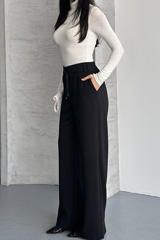 Kadın Yüksek Bel Bağcıklı Bol Paça Palazzo Pantolon – Rahat Kesim Günlük & Şık