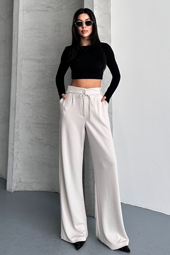 Kadın Yüksek Bel Bağcıklı Bol Paça Palazzo Pantolon – Rahat Kesim Günlük & Şık