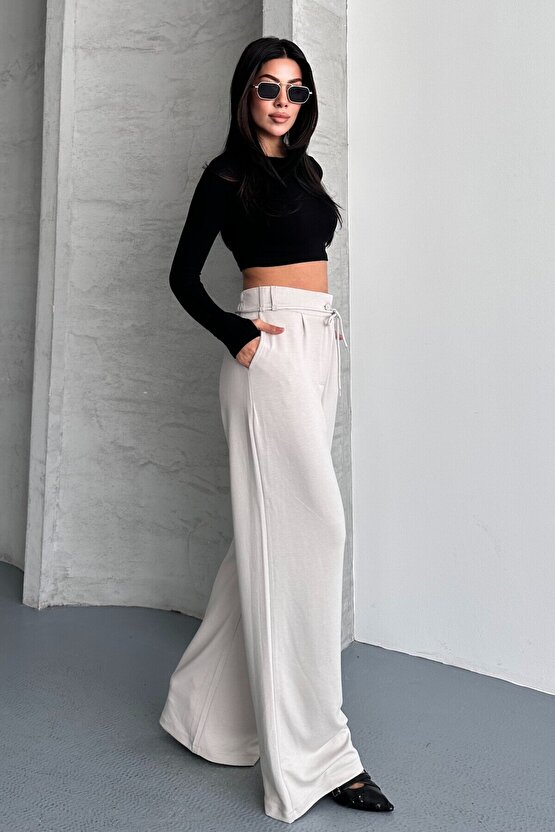 Kadın Yüksek Bel Bağcıklı Bol Paça Palazzo Pantolon – Rahat Kesim Günlük & Şık