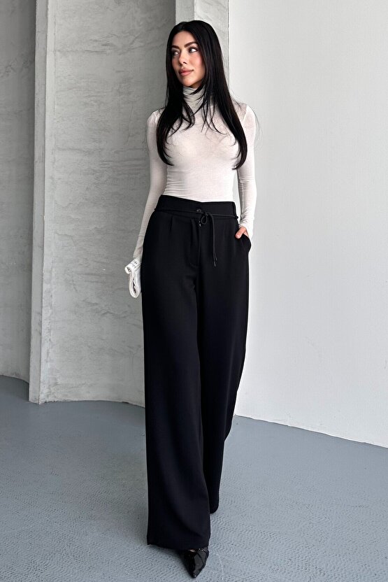 Kadın Yüksek Bel Bağcıklı Bol Paça Palazzo Pantolon – Rahat Kesim Günlük & Şık