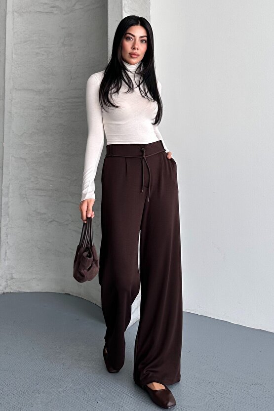 Kadın Yüksek Bel Bağcıklı Bol Paça Palazzo Pantolon – Rahat Kesim Günlük & Şık