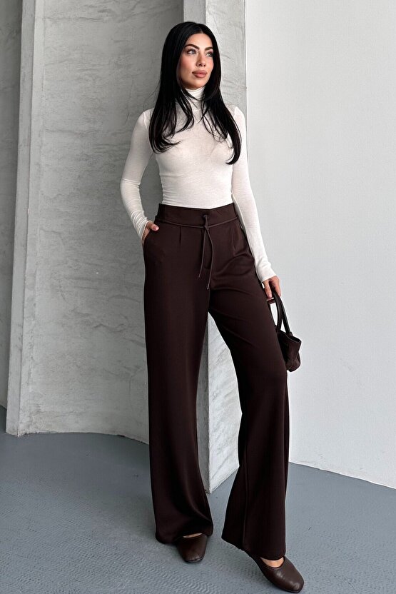 Kadın Yüksek Bel Bağcıklı Bol Paça Palazzo Pantolon – Rahat Kesim Günlük & Şık