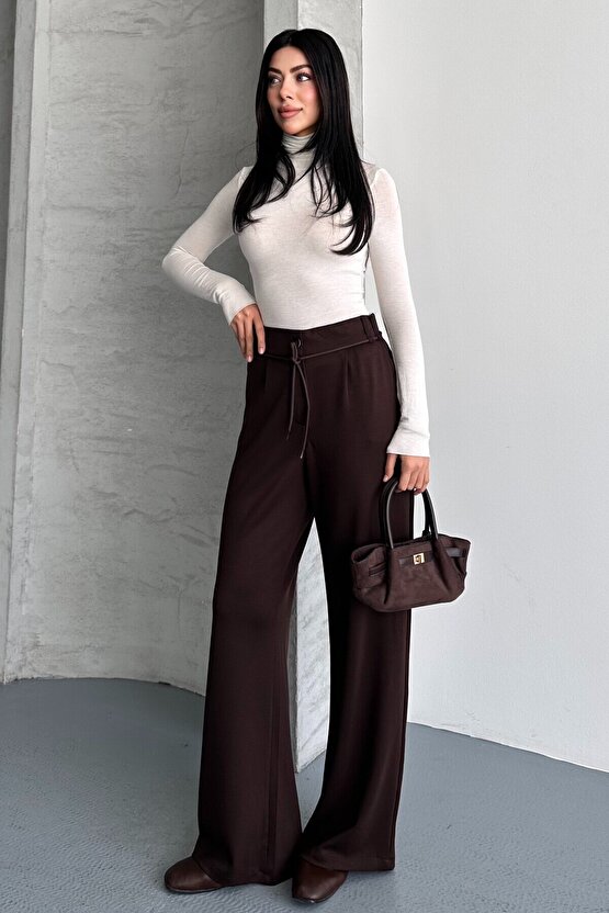 Kadın Yüksek Bel Bağcıklı Bol Paça Palazzo Pantolon – Rahat Kesim Günlük & Şık