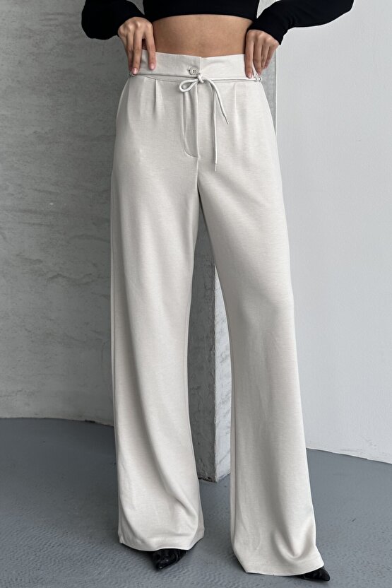 Kadın Yüksek Bel Bağcıklı Bol Paça Palazzo Pantolon – Rahat Kesim Günlük & Şık