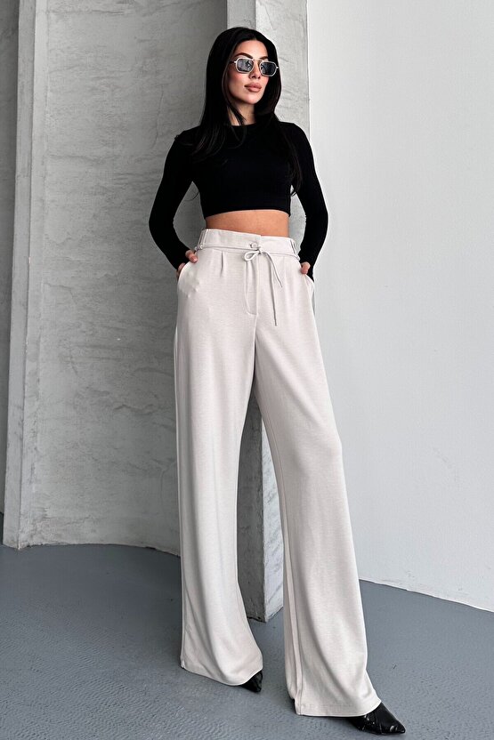 Kadın Yüksek Bel Bağcıklı Bol Paça Palazzo Pantolon – Rahat Kesim Günlük & Şık