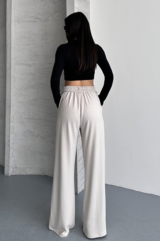 Kadın Yüksek Bel Bağcıklı Bol Paça Palazzo Pantolon – Rahat Kesim Günlük & Şık