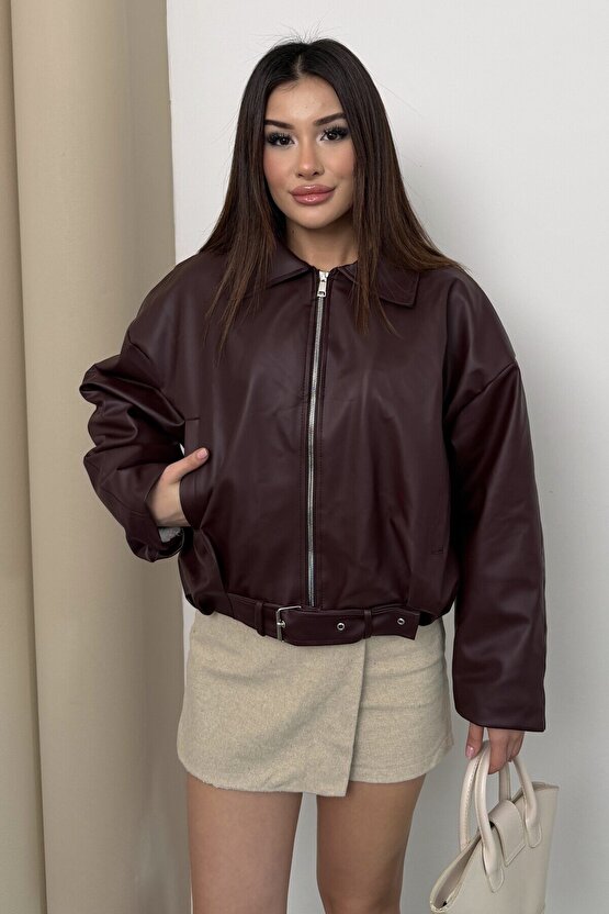 Kadın İçi Kürklü Peluş Astarlı Kemerli Oversize Deri Mont Ceket