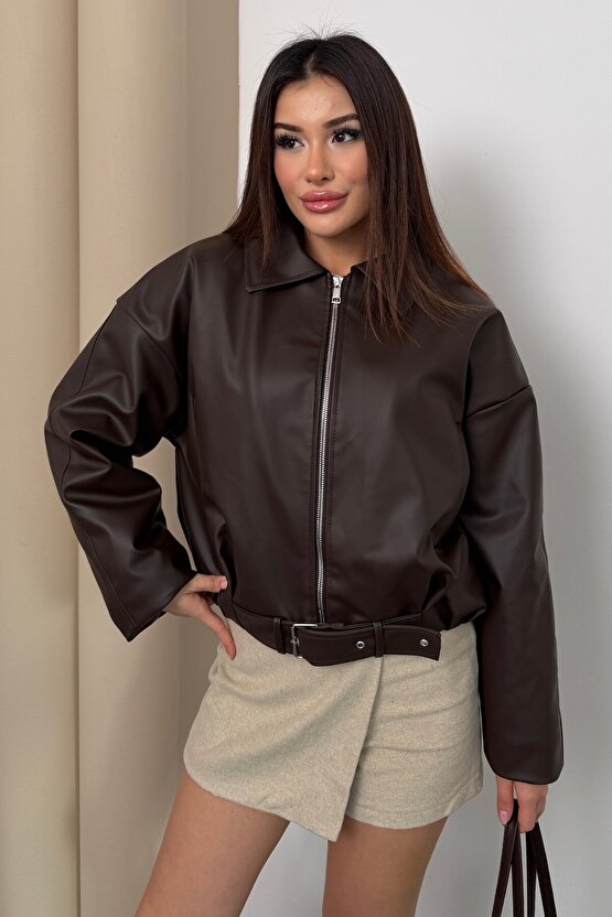 Kadın İçi Kürklü Peluş Astarlı Kemerli Oversize Deri Mont Ceket