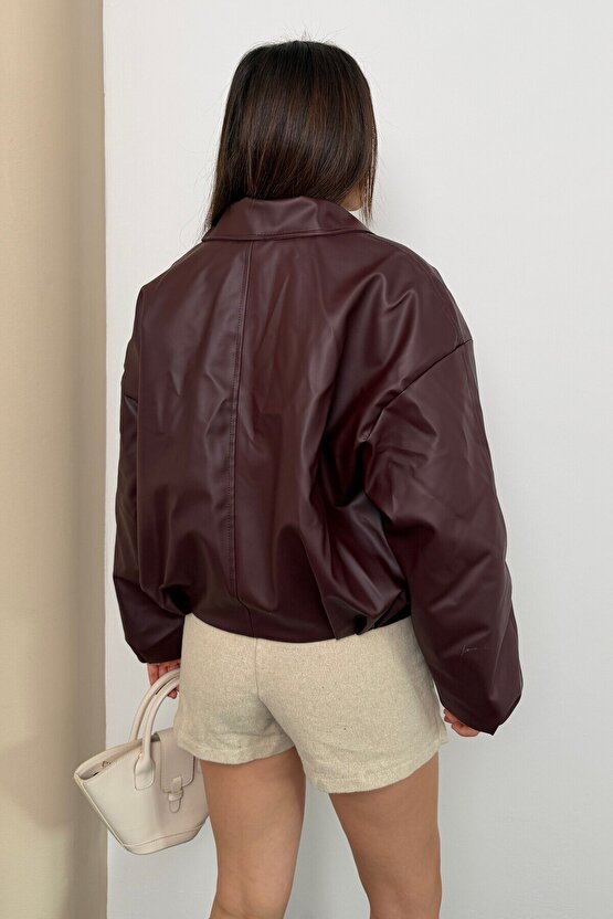 Kadın İçi Kürklü Peluş Astarlı Kemerli Oversize Deri Mont Ceket