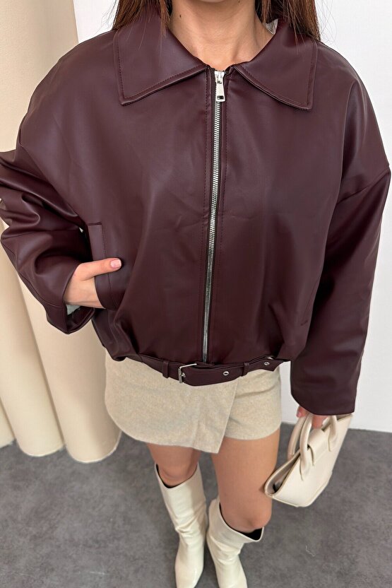 Kadın İçi Kürklü Peluş Astarlı Kemerli Oversize Deri Mont Ceket