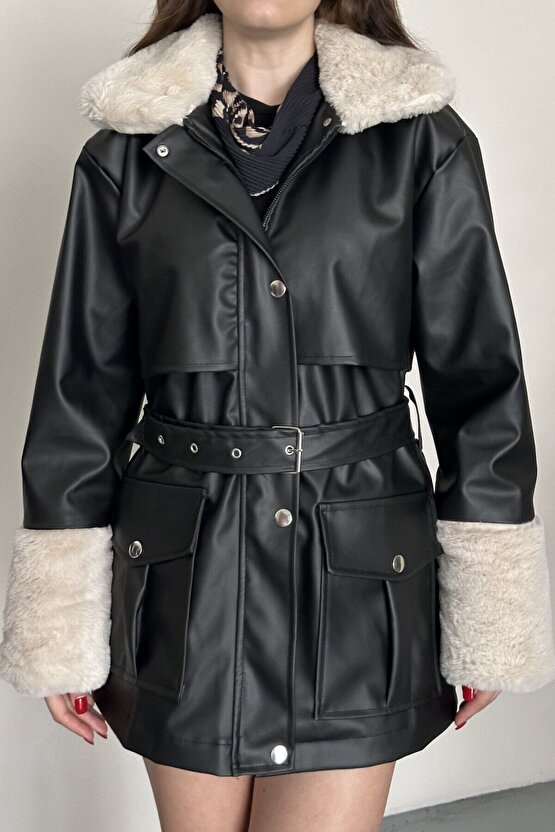 Kadın Kürk Detaylı Kemerli Deri Mont Astarlı Uzun Suni Deri Kaban