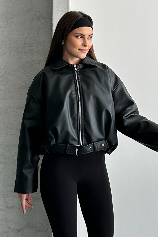 Kadın İçi Kürklü Oversize Deri Mont - Peluş Astarlı Biker Deri Ceket